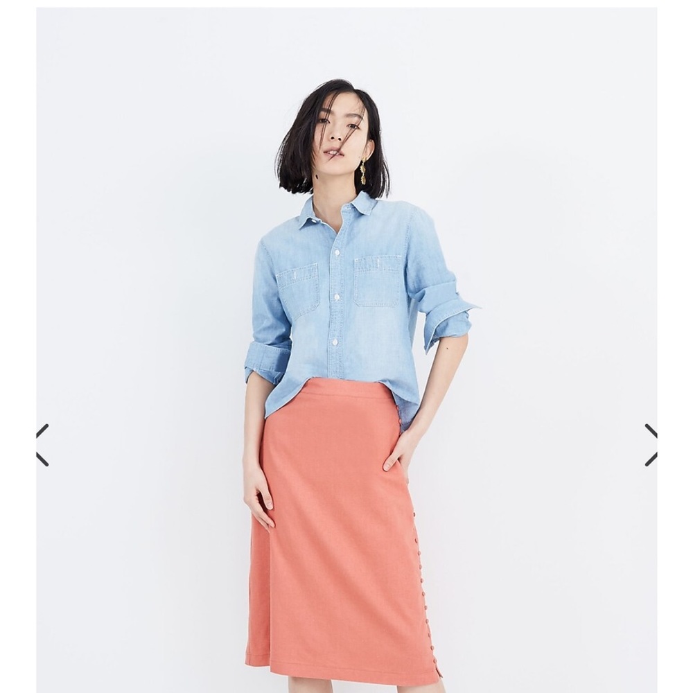 Madewell Linen Blend Tan Button Slit Midi Skirt - Picture 4 of 4